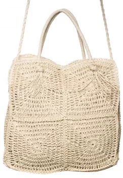 Geanta crossbody patrata mare, impletita cu noduri decorative, bej deschis imagine