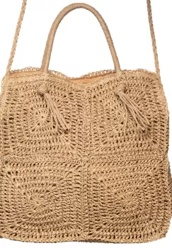 Geanta crossbody patrata mare, impletita cu noduri decorative, bej inchis imagine