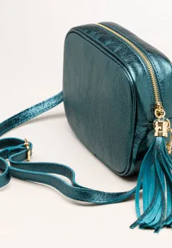 Geanta crossbody turcoaz metalizat din piele naturala, cu ciucure din piele imagine