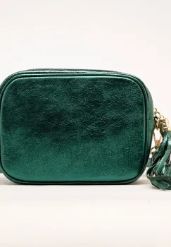 Geanta crossbody  verde inchis metalizat din piele naturala, cu ciucure din piele imagine