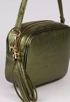 Geanta crossbody verde metalizat din piele naturala, cu ciucure din piele imagine