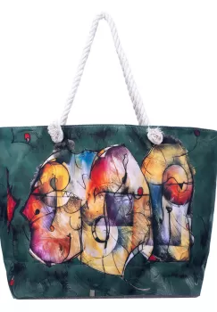 Geanta de plaja din material textil, cu imprimeu imprimeu grafic abstract pe fond verde inchis imagine