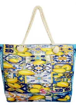 Geanta de plaja din material textil, cu imprimeu mediteranean cu lamai pe alb, galben si albastru imagine