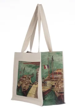 Geanta de umar din material textil cu imprimeu inspirat dintr-o pictura cu barci pe apa a lui Van Gogh imagine