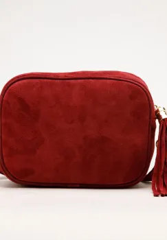 Geanta din piele intoarsa cu franjuri, model crossbody, bordo imagine
