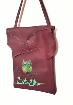 Geanta  din piele naturala ,cu bufnita pictata imagine