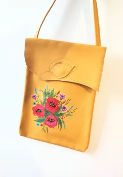 Geanta galbena din piele naturala ,pictata manual ,unicat imagine