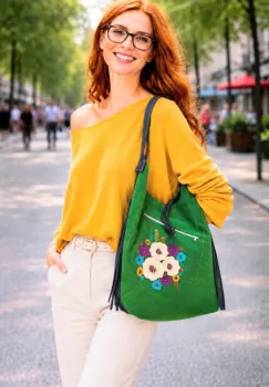Geanta handmade din piele naturala verde si bleumarin ,cu flori 3d imagine