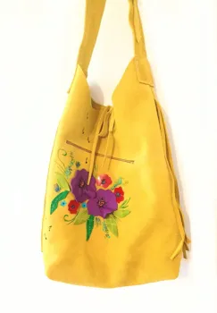Geanta handmade  galbena ,cu flori 3D ,din piele naturala intoarsa,unicat imagine