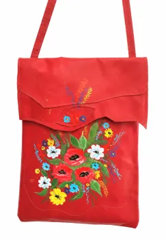 Geanta handmade rosie din piele naturala ,cu flori de camp pictate manual imagine