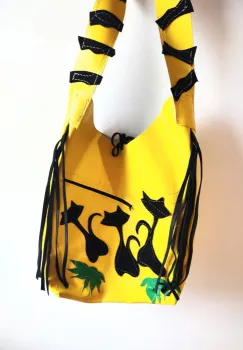 Geanta handmade sac ,din piele naturala  galbena,Dansul pisicutelor imagine