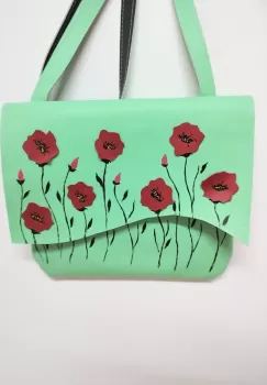 Geanta handmade verde fistic din piele naturala ,cu maci imagine