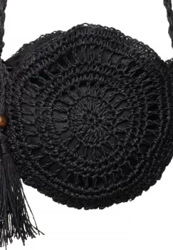 Geanta mica impletita crossbody, circulara cu ciucure decorativ, negru imagine