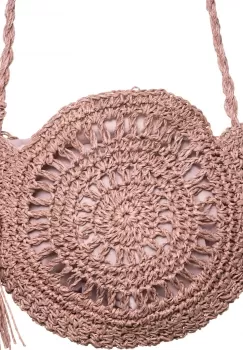 Geanta mica impletita crossbody, circulara cu ciucure decorativ, roz prafuit imagine