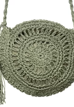 Geanta mica impletita crossbody, circulara cu ciucure decorativ, verde prafuit imagine