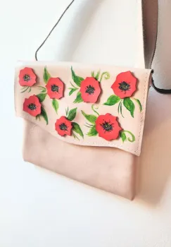 Geanta  nude  din piele naturala ,cu maci pictati manual imagine