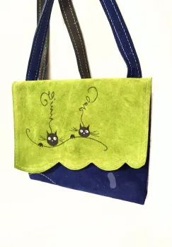 Geanta olive si albastru electric din piele intoarsa, cu pisicute pictate imagine