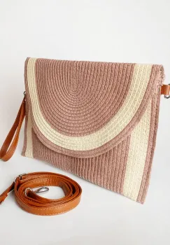 Geanta plic impletita crossbody, cu bareta de umar si de mana, roz prafuit cu bej imagine
