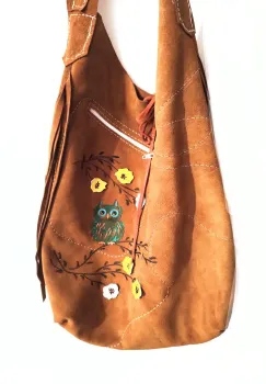 Geanta sac ,din piele naturala  camel intoarsa,cu bufnita pictata imagine