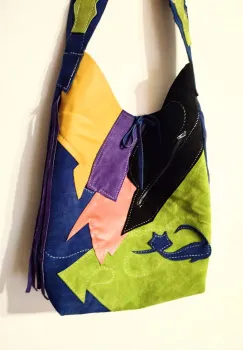 Geanta sac ,din piele naturala mix ,cu pisicuta imagine