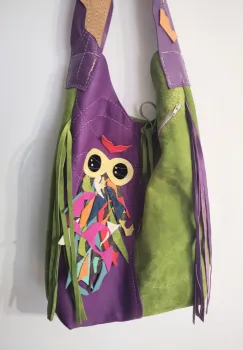 Geanta sac din piele naturala mov si olive ,cu bufnita ,unicat imagine