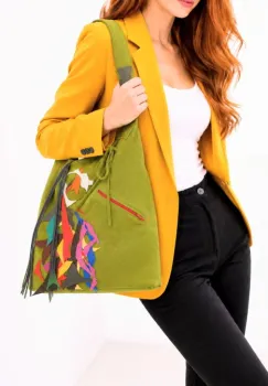Geanta sac ,din piele naturala olive intoarsa,cu aplicatii colorate din piele imagine