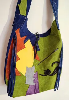 Geanta sac multicolora  ,din piele naturala ,cu pisicuta imagine