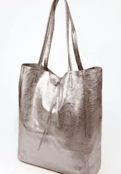 Geanta shopper argintiu inchis metalizat din piele naturala imagine