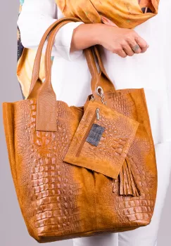 Geanta shopper camel din piele intoarsa naturala imagine