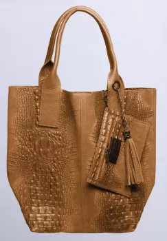 Geanta shopper camel inchis din piele intoarsa naturala imagine