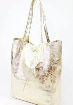 Geanta shopper champagne metalizat din piele naturala imagine