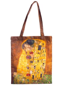Geanta shopper din material satinat textil, imprimeu inspirat dupa pictura Sarutul a celebrului Gustav Klimt imagine