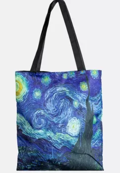 Geanta shopper din material textil, cu imprimeu inspirat din pictura Noapte Instelata a lui Vincent Van Gogh imagine