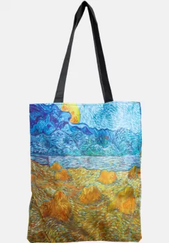 Geanta shopper din material textil, cu imprimeu inspirat dintr-o pictura cu lanuri muncite a lui Van Gogh imagine
