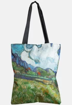 Geanta shopper din material textil, cu imprimeu inspirat dintr-o pictura cu peisaj campenesc al lui Van Gogh imagine