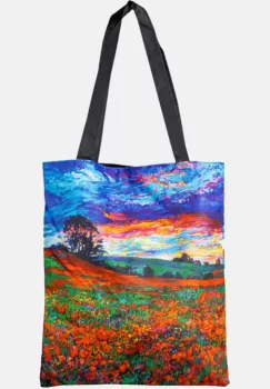 Geanta shopper din material textil, cu imprimeu inspirat dintr-o pictura cu peisaj cu maci imagine