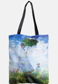 Geanta shopper din material textil, cu reproducere dupa Claude Monet Femeia cu umberala de soare imagine