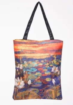 Geanta shopper din material textil, imprimata cu reproducere dupa o pictura celebra cu nuferi imagine