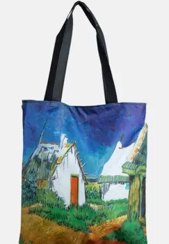 Geanta shopper din material textil, imprimata cu reproducere dupa un peisaj cu casute imagine