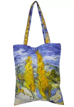Geanta shopper din material textil satinat, cu imprimeu inspirat dintr-o pictura cu chiparosi a lui Van Gogh imagine
