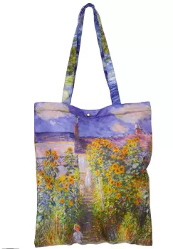 Geanta shopper din material textil satinat, cu imprimeu peisaj marin cu far si copil imagine