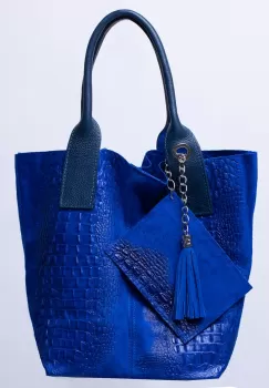 Geanta shopper din piele intoarsa naturala, albastru electric imagine