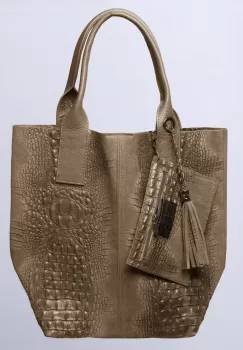 Geanta shopper din piele intoarsa naturala, bej inchis imagine
