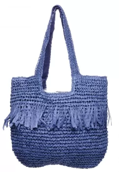Geanta shopper impletita cu manere late si franjuri, bleumarin imagine