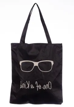 Geanta shopper neagra din material textil, cu imprimeu grafic ochelari de soare imagine