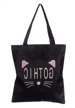 Geanta shopper neagra din material textil, cu imprimeu grafic pisica Gothic imagine