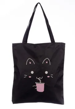 Geanta shopper neagra din material textil, cu imprimeu grafic pisicuta cu roz imagine