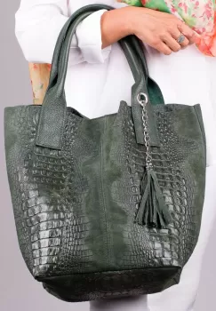 Geanta shopper verde din piele intoarsa naturala imagine