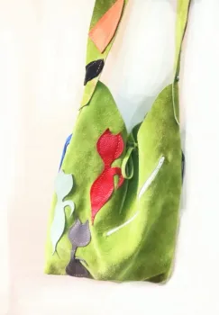 Geanta tip sac ,din piele naturala intoarsa  olive  ,cu pisicute imagine