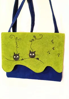 Geanta unicat handmade  cu pisicute ,din piele naturala olive si albastru electric imagine